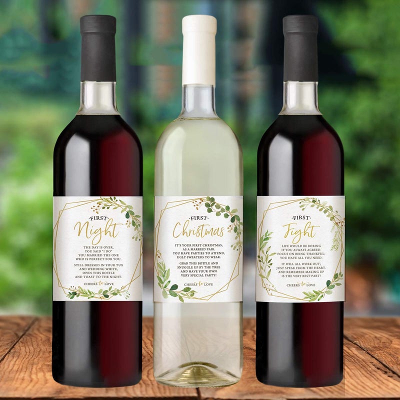 Printed Party Marriage Milestones, Greenery Wedding Firsts, 6 Wine Bottle Labels - Image 4